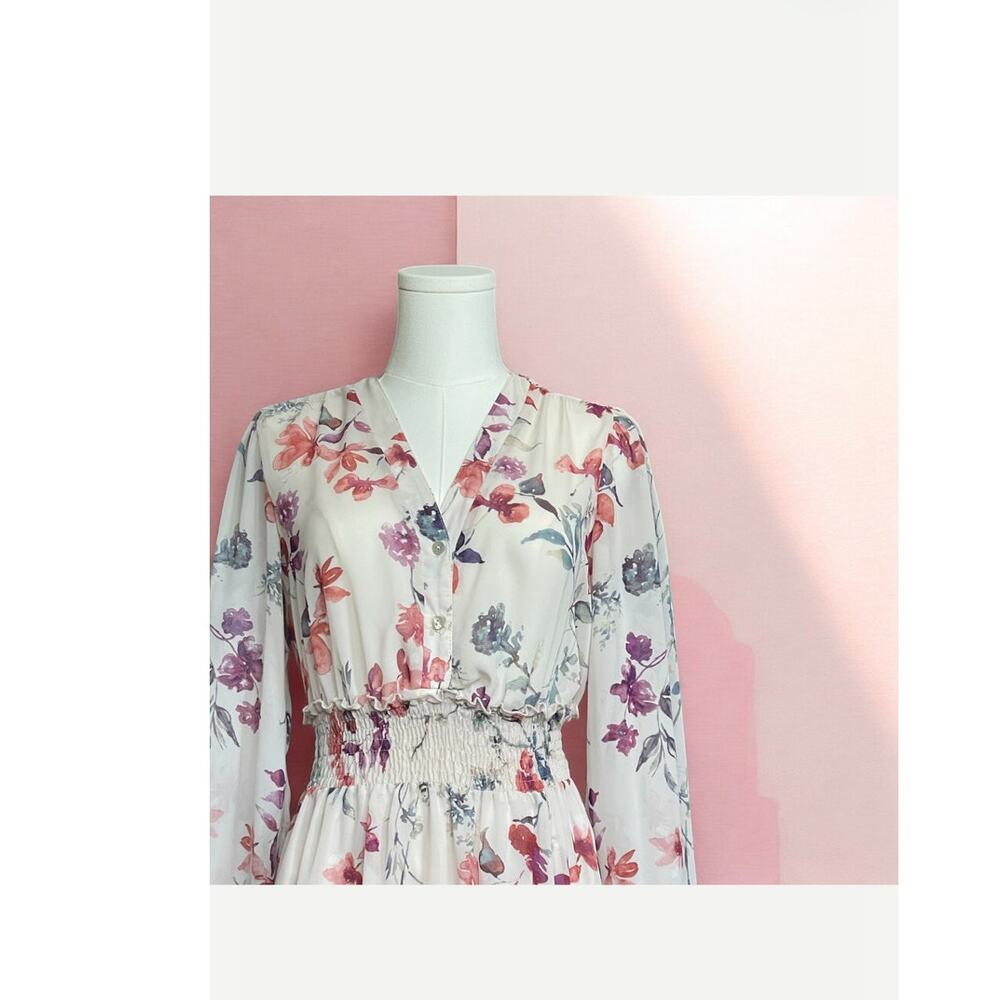 Kate & Lily Sheer White Floral Print Long Sleeve Surplice V-Neck Maxi Dress 4 - Picture 6 of 7